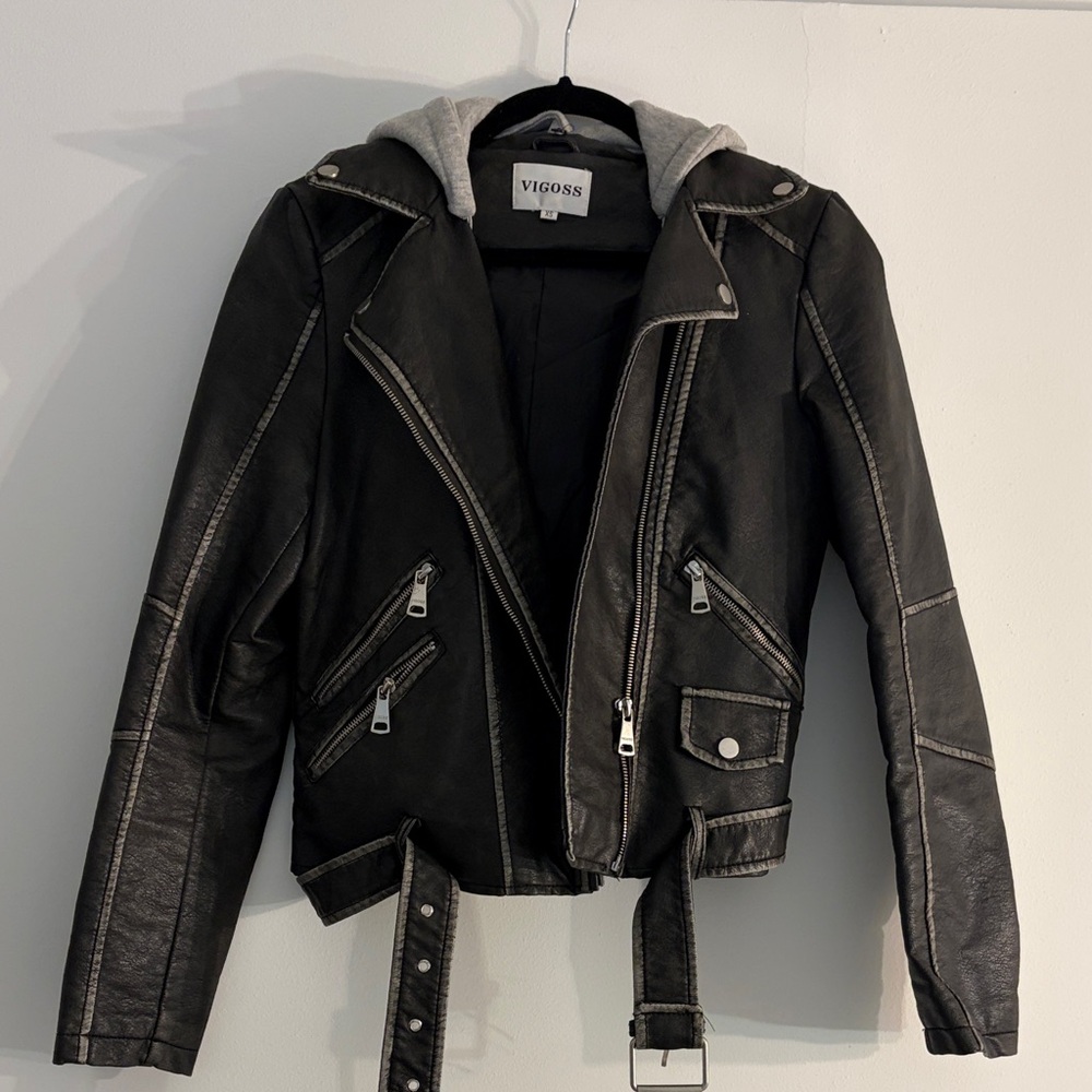 Vigoss Black Faux Leather Moto Jacket with Grey Hood